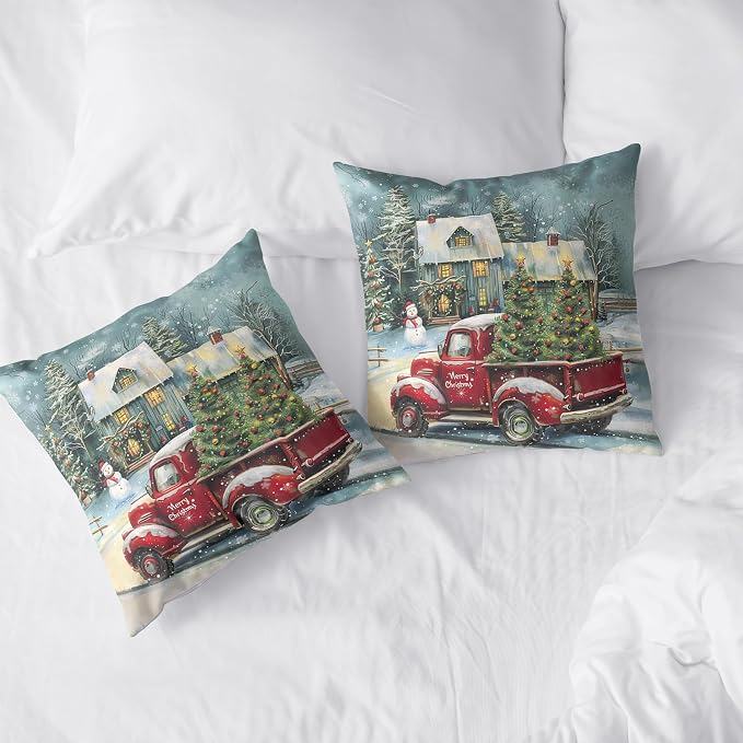 Xmas Tree Cabin Snowman Pillow Covers 20x20 Red Truck Christmas Pillow Case Merry Christmas Cushion Case Set of 2 for Winter Holiday Decorations Couch Bedroom