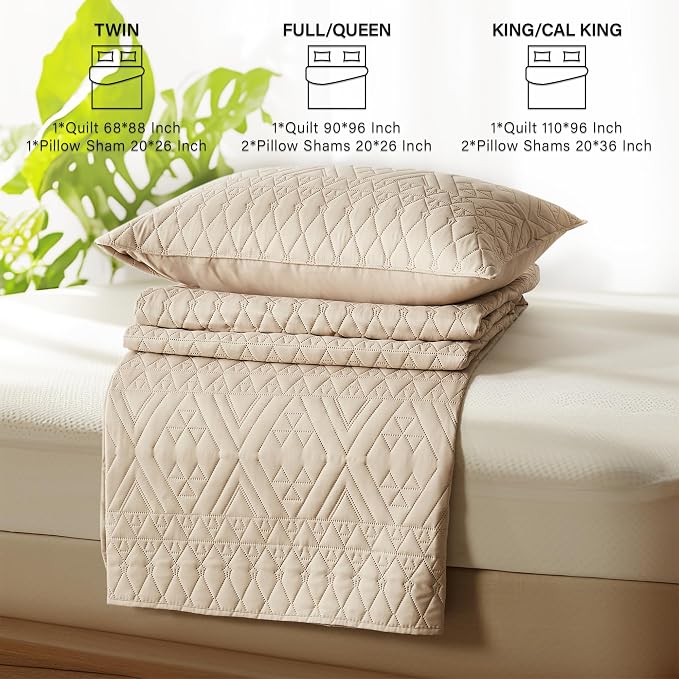 akkialla King/Cal King Size Quilt Bedding Set,Beige Lightweight Microfiber Soft Bedspread,Modern Style Geometric Pattern Coverlet Set for All Seasons,3 Piece(1 Quilt,2 Pillow Shams)