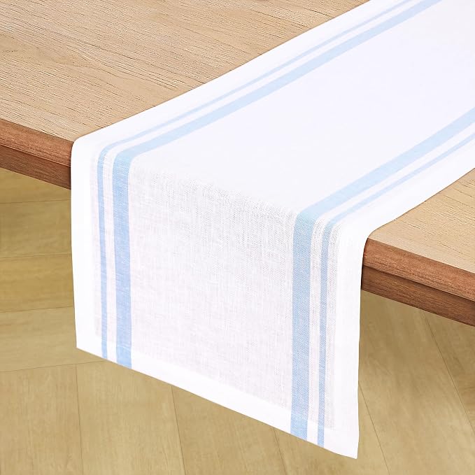Solino Home 100% Pure Linen Table Runner, 14 x 132 in, Blue, French Stripe | styles dining tables for meals and celebrations, woven stripe, European flax fibres, betters with age, OEKO-TEX Certified