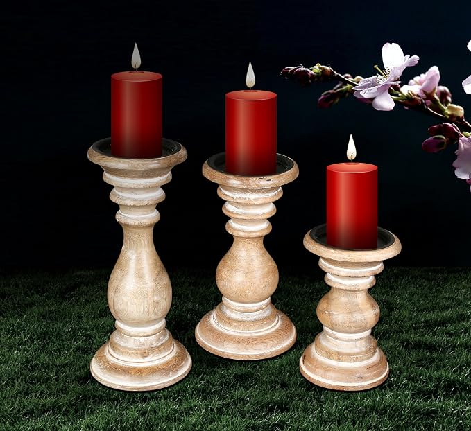 Pillar Candle Holders Set of 3 (10",8" & 6" Height)_White Wash,Candle Holder in Mango Real Wood,Decorative Candle Holders for Table Centerpiece, Wedding, Party, Home Décor, spa, Farmhouse, Gifting