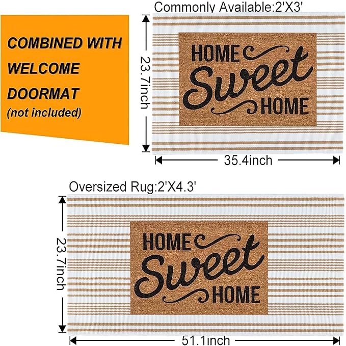Khaki and White Striped Outdoor Rug 24'' x 35'' Door Mat Outdoor Machine Washable Welcome Mats Cotton Hand-Woven Entryway Rug for Front Porch/Entryway/Laundry/Bathroom/Bedroom