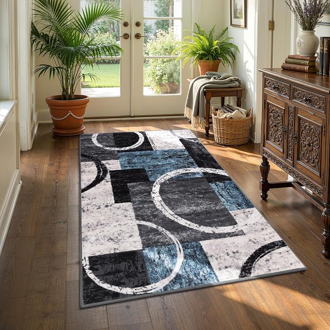 Yamaziot 3x5 Washable Modern Abstract Area Rug Non-Slip Entryway Rug | Stain Resistant Kitchen Rug with Rubber Backing, Low Pile, Ultra Soft Carpet Rug for Bedroom, Laundry, Entryway, Blue