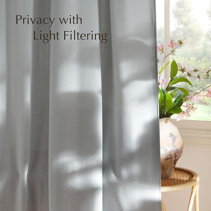NICETOWN Linen Blend Light Cyan Curtains 96 inches Long, Rod Pocket & Back Tab Light Filtering Semi Sheer Window Treatments Privacy Added Drapes for Living Room, W55 x L96, 2 Panels