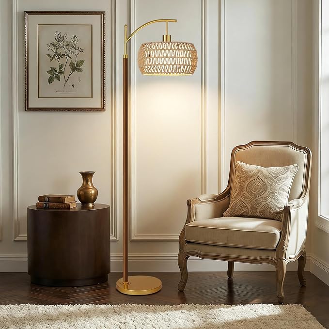 AHDWDW Arc Gold Floor Lamp for Living Room with Remote,Farmhouse Boho Floor Lamps with Timer,Rustic Standing Lamp with Hand-woven Rattan Wicker Shade and Fabric,Adjustable Tall Lamp for Bedroom,Corner