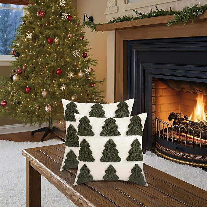 Christmas Throw Pillow Covers 18x18 Set of 2 Dark Green Xmas Tree