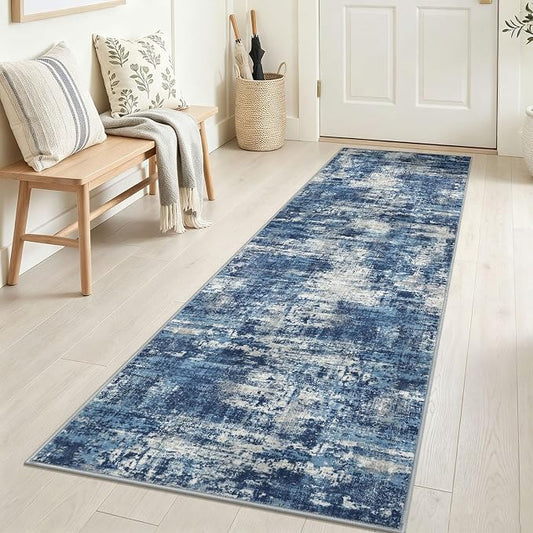Lansny Abstract Washable 2x7 Runner Rug Runners for Hallways Non Slip | Blue;Thin Printed Faux Wool Entryway Runner Indoor;Hallway Runner Rug;Rubber Backed 7ft Floor Carpet Runners;Bedroom Runners