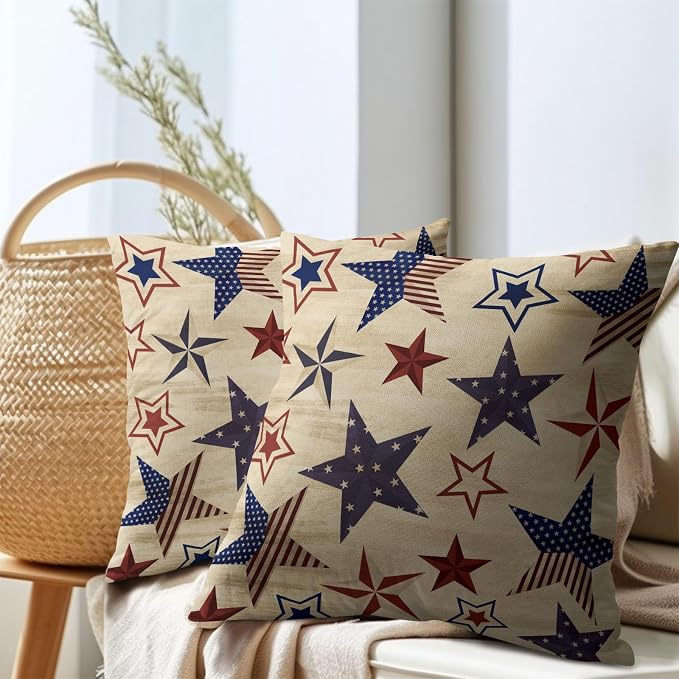 Kawani 4th of July Patriotic Pillow Covers 24x24 Inch Vintage Red Blue American Stars Independence Day Outdoor Throw Pillows Set of 2 Rustic Memorial Day Pillowcases for Couch