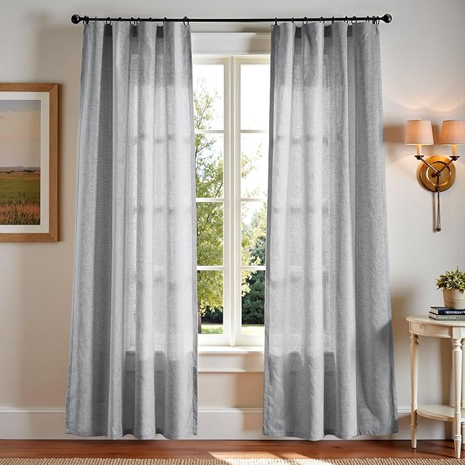 jinchan Linen Curtains Light Filtering Back Tab 50x84 Inch 2 Panels Grey | Semi Sheer Curtains 84 inch length for Bedroom Living Room, Modern Farmhouse Drapes with Rod Pocket, Natural Boho Curtains