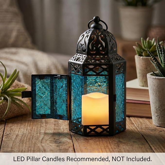 Vela Lanterns Decorative Indoor Moroccan Candle Table Centerpieces, Blue, S | Moroccan Lamp, Hurricane Glass Candle Holder, Patio Porch Decor, Arabian Nights Ramadan Centerpiece, Set of 2