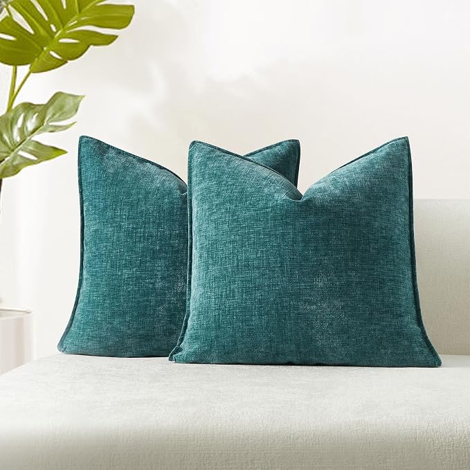 JUSPURBET 22x22 Chenille Decorative Throw Pillow Covers Set of 2,Turquoise | Cozy Soft Cushion Covers Case with Hidden Zipper for Couch Sofa Bed Home Decor Living Room