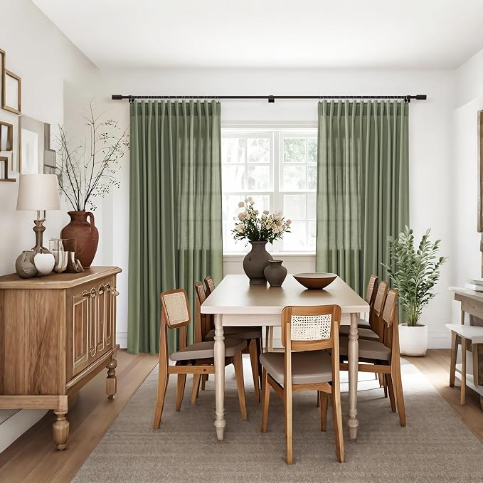 Jowels Loden Green Linen Curtains 84 Inch Long 2 Panels for Living Room | Olive Green Light Filtering Sheer Curtain,Back Tab Pocket Pleated Look, Farmhouse Textured Privacy Drapes for Bedroom Window