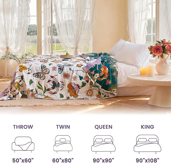 MSGKV Boho Throw Blanket 50"x60" 100% Cotton Butterfly Floral Blanket Couch | Muslin Throw, Butterfly Floral Pattern, Reversible Woven, Lightweight Comfort, Farmhouse Decor, All Seasons, Machine Washable