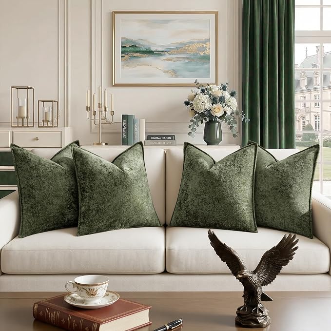 a moment Throw Pillow Covers 20X20 Inch 4 Packs,Soft Velvet Decorative Pillow Cases with 3D Ice Flower,Texture Modern Accent Cushion Covers for Sofa Couch Home Decor Moss Green