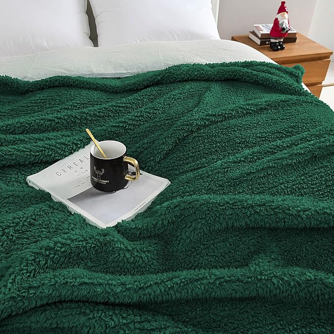 HORIMOTE HOME Ultra Soft Sherpa Throw Blanket with Pompom Fringe, Lightweight Plush Boho Throw Blanket for Couch, Sofa, Bedroom,Travel, Christmas Decor, Warm Blanket for Winter, 60"x80", Green