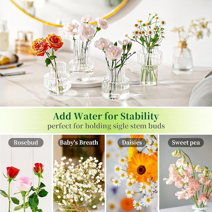 Hewory Ribbed Bud Vases for Centerpieces: 16PCS Small Flower Vases Bulk | Modern Glass Jars for Wedding Table Decor, Assorted Clear Floral Arrangement, Mini, Fluted, Pleated, Set
