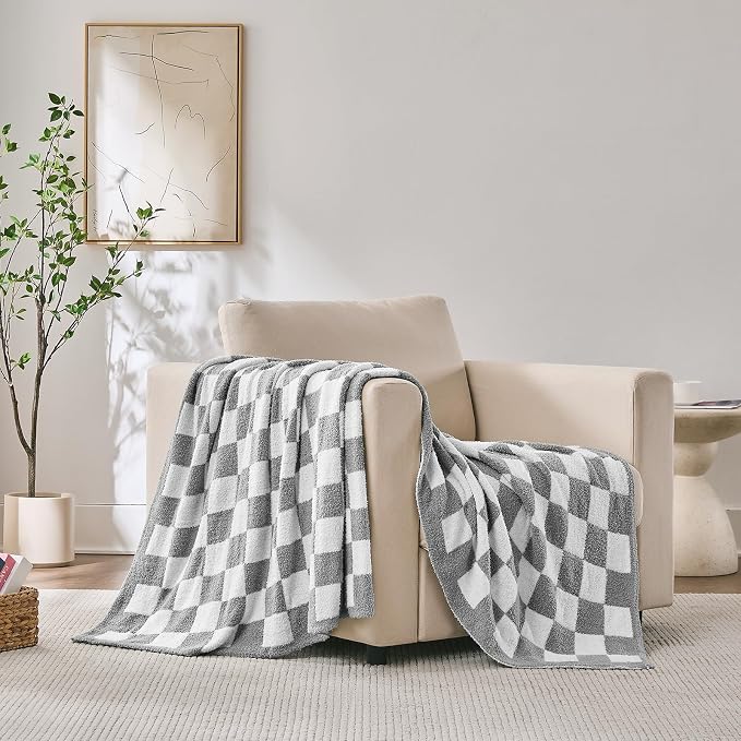 Checkered Throw Blanket for Couch, Soft Cozy Warm Knitted Blankets | Lightweight Fuzzy Travel Warm Decor for Women, Mom, Girls, Sofa, Chair, 50x70in, Light Grey