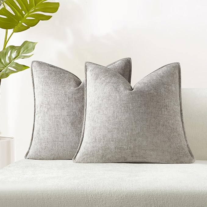 JUSPURBET 22x22 Chenille Decorative Throw Pillow Covers Set of 2,Gray | Cozy Soft Cushion Covers Case with Hidden Zipper for Couch Sofa Bed Home Decor Living Room