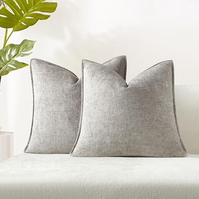 JUSPURBET 16x16 Chenille Decorative Throw Pillow Covers Set of 2,Gray | Cozy Soft Cushion Covers Case with Hidden Zipper for Couch Sofa Bed Home Decor Living Room