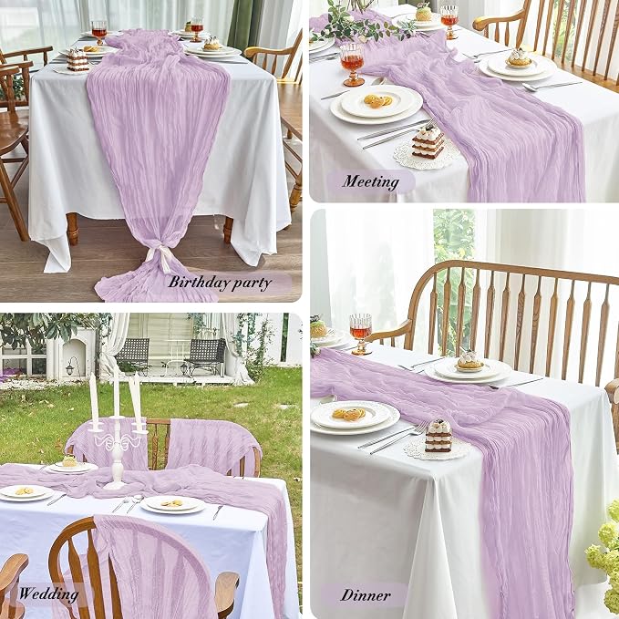 IVAPUPU Purple Table Runner 120 Inch for Wedding Birthday Party Home Decor | 4 Pcs Boho Gauze 10FT Cheesecloth Table Runners for Baby Shower Decorations Summer Garden Farmhouse