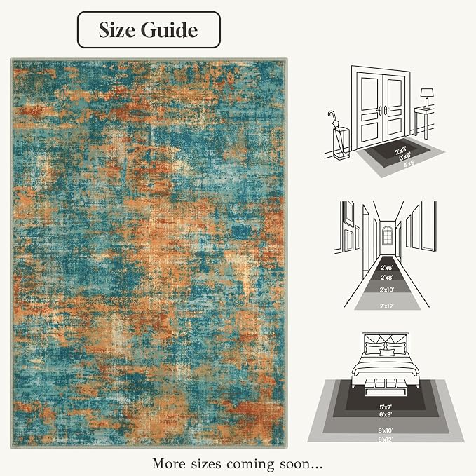 Lansny Abstract Washable Entryway Rug 2x3 Area Rug Small Non Slip Door Mat | Teal/Orange;Thin Printed Faux Wool Kitchen Rugs;Indoor Front Door Rug;Entry Rug;Throw Rugs for Foyer,Entrance;Floor Carpet