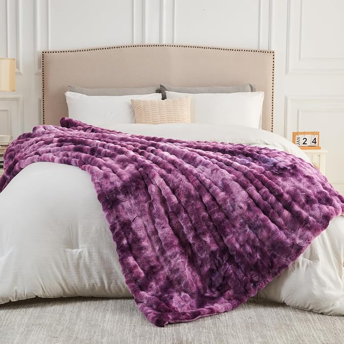 NEWCOSPLAY Faux Fur Bubble Twin Blanket for Couch, Tie-Dye Purple, 60"x80" | Fluffy Soft Thick Warm Bubble Blanket for Couch Sofa Bed 700GSM, Plush Cozy Luxury Decorative Throw, Gift for Women Men