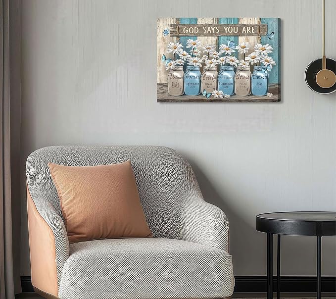Daisy Canvas Wall Art Vintage Rustic White Flower Pictures Butterfly Wall Decor God Says You are Bible Verses Poster Print Artwork for Country Farmhouse Bedroom Bathroom Home Decoration 12x16in
