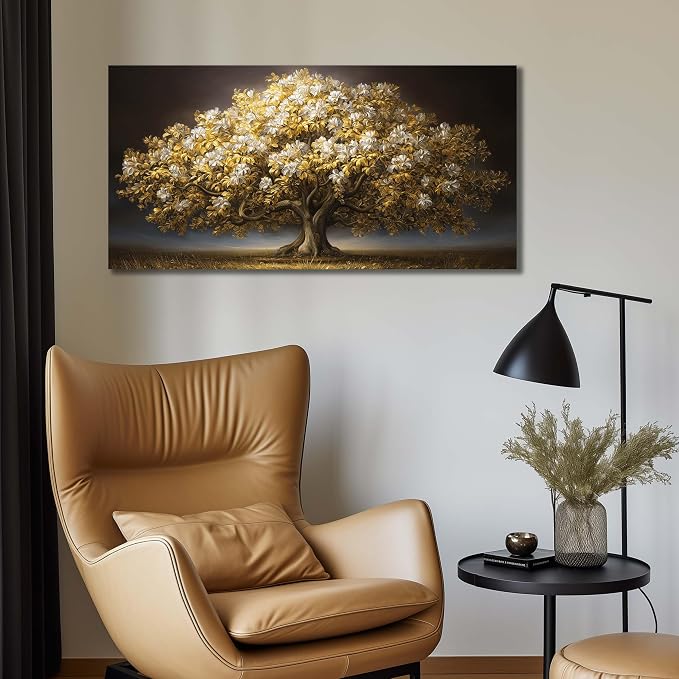 DNIEOTU Tree Wall Art for Living Room, White Flower and Gold Leaves Canvas Wall-Decor for Bedroom, Landscape Picture Prints for Hallway Office, Size 40 x 20 Inches