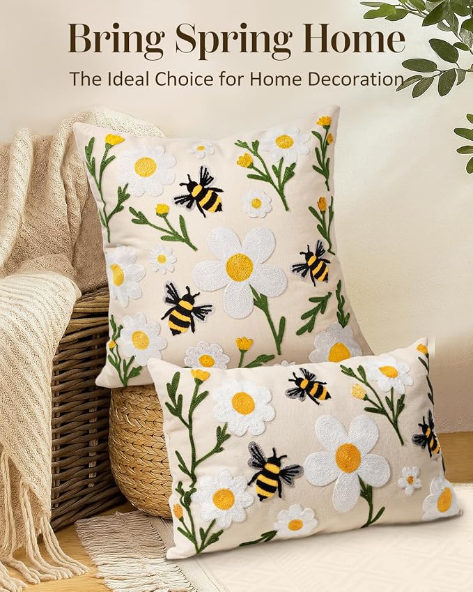 Embroidered Lumbar Pillow Cover 20x12 Inch, Flower Bee | Decorative Throw Pillow Cover, Floral Farmhouse Cushion Case with Hidden Zipper, Home Decor for Couch, Sofa, Living Room