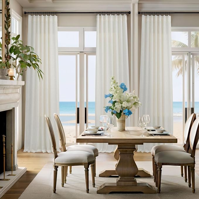 Cream White Linen Curtains 42 Inch Wide for Living Room Guest 84 In Long 2 Panel Semi Sheer Window Treatment Pole Pocket Back Tab Ivory Pinch Pleated Look Curtain for Bedroom Beach House 42x84 Length