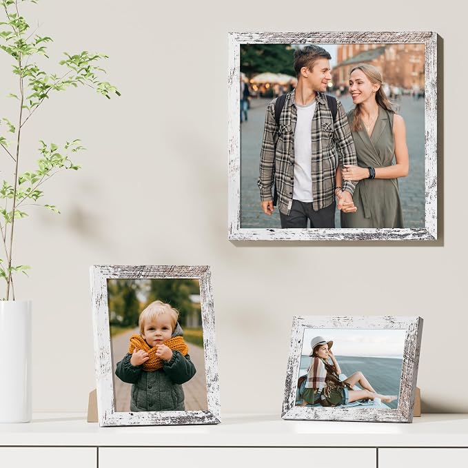 Vittanly 12x12 Picture Frames Set of 9 for Wall Mounting, Distressed White | Display Pictures 8x8 with Mat or 12x12 without Mat for Wall Mounting, Square Photo Frames for Home Decor, Engineered Wood