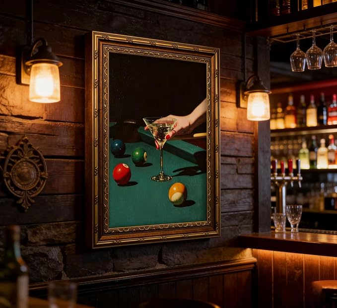 Vintage Gold Framed Bar Wall Art, Retro Dive Bar Martini Pool Oil Painting Canvas Print, Trendy Billiards Cocktail Picture, Lucky 8 Ball Poster Artwork for Tavern Kitchen Dining Room