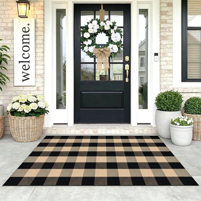 KOZYFLY Buffalo Plaid Area Rugs 3x5 Ft Brown and Black Checkered Rug | Washable Front Door Mat, Woven Cotton Outdoor Rug, Large Rug for Front Porch Kitchen Entryway Patio, Indoor Farmhouse Rugs