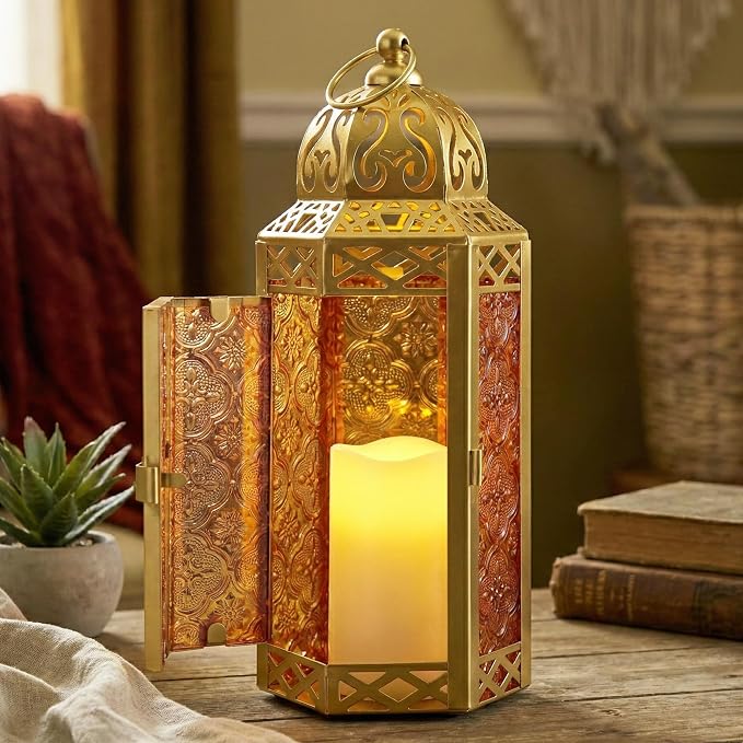Vela Lanterns Decorative Indoor Moroccan Candle Holder, Gold Amber, M
