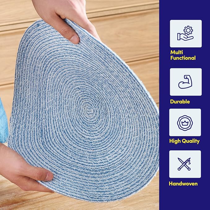Round Placemats Set of 6-100% Cotton Two-Tone Placemat for Dining Table - Woven Braided Table Setting Place Mat - Washable Table Decor for Kitchen, Farmhouse, Rustic, Everyday Use, Dark Blue