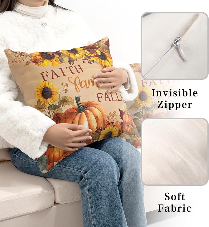 Fall Pillow Covers Pumpkin Sunflower Throw Pillow Covers Autumn Thanksgiving Harvest Pillow Case 16x16 Set of 2 Double Sided Printing Cushion Case for Couch Sofa