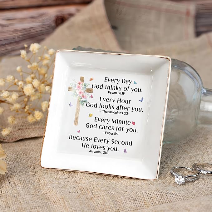 Christian Bible Verse Prayers Jewelry Dish Gift for Women, 4" Ceramic Jewelry Tray, Christian Inspiration Gifts - Mother's Day, Birthday, Religious Gift - Communion, Confirmation Gifts for Daughter