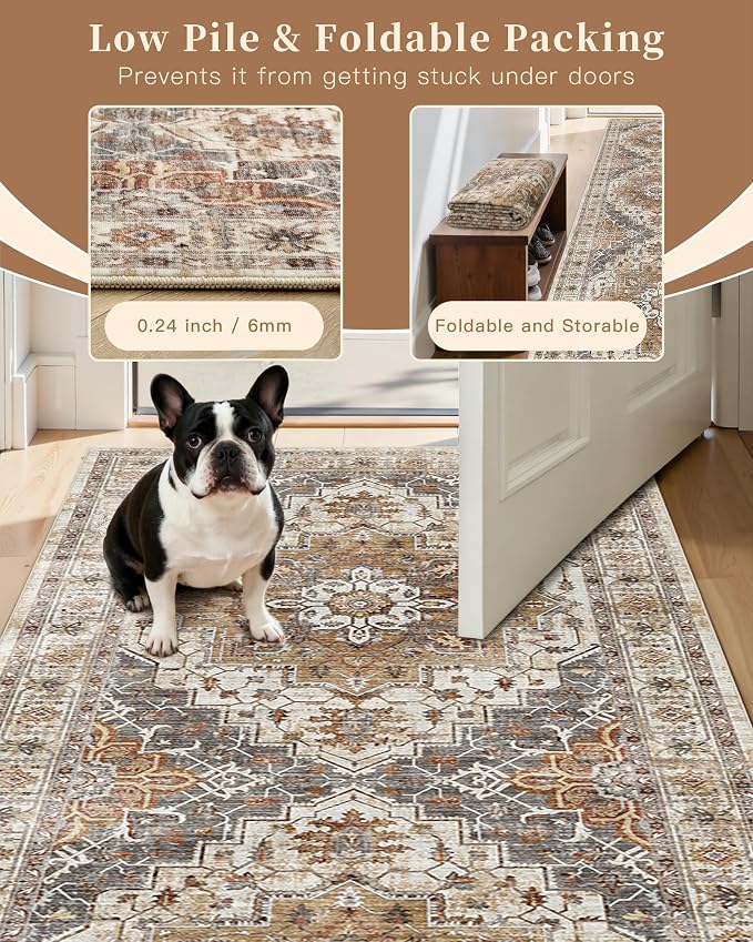 Madane Washable 8ft Circle Round Rug, 8x8 Circular Area Rugs, Turmeric/Grey | Non-Slip Vintage Floor Carpet for Living Room Dining Room, Low Pile Home Decor Mat For Bedroom Office Under Table