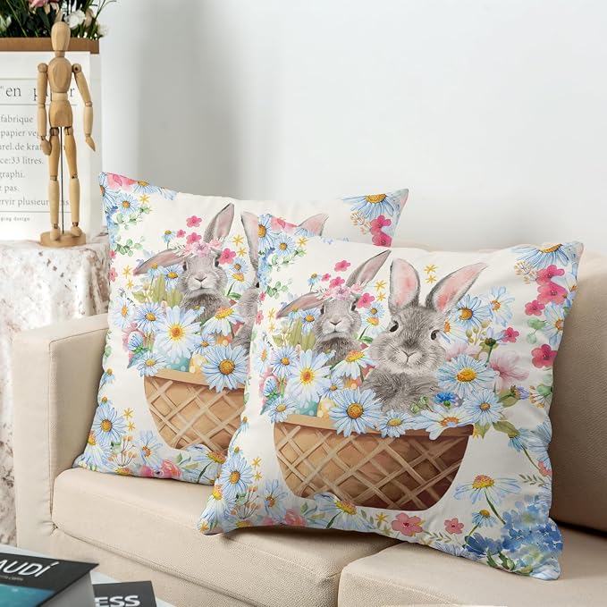 Easter Bunny Pillow Covers 22x22 Spring Rabbit Daisy Floral Throw Pillow Covers A Basket Filled with Lovely Bunny and Flowers Pillowcase Cushion Case for Sofa Patio Garden 2 Pack