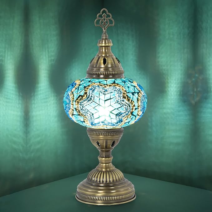 Turkish Mosaic Table Lamp with Bulb – Handmade Turquoise Blue Stained Glass Bedside Light, Authentic Vintage Boho Decor with E12 Socket & US Plug