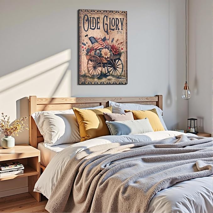Framed Olde Glory 1776 American Flag Wall Art, Patriotic Vintage Canvas Art Pictures, USA Flag Flower Wall Decor, Made in USA Ready to Hang for Living Room Entryway