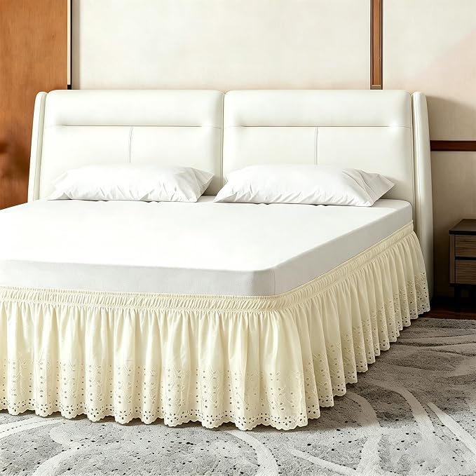 ANARACHON Twin Bed Skirt, Wrap-Around Elastic Ruffled Eyelet Bed Skirt Twin Size Dust Ruffle with Gathered Styling and Embroidered Details, 14" Drop Length (Light Yellow)