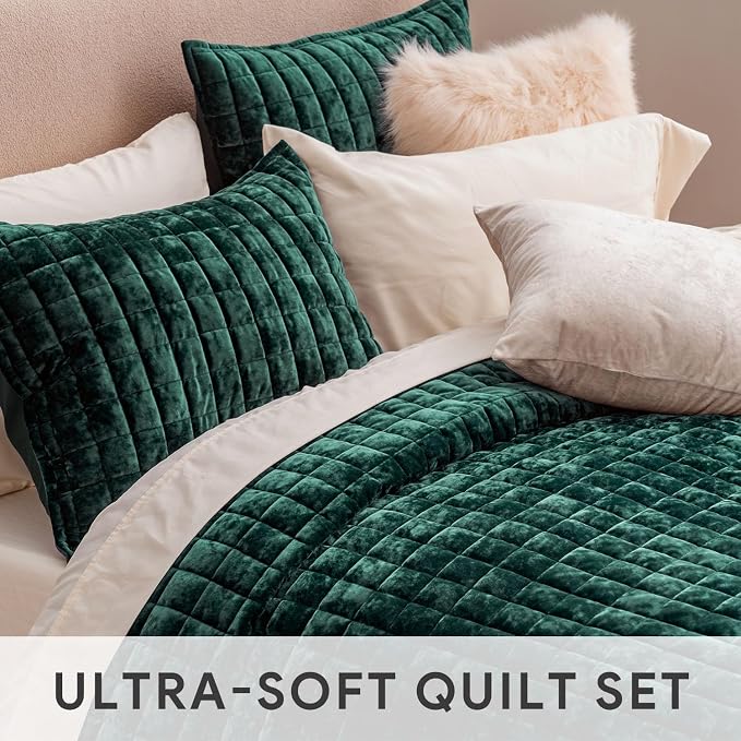 RECYCO Channel Box Stitch Velvet Quilt Set, Full Queen Size, Emerald Green | Ultra Soft Lightweight Velvet Comforter, Luxury Oversized Bedspread Coverlet, Quilted Bedding Set for All Season with 2 Shams