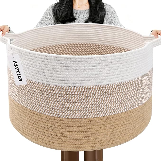 65L Large Blanket Basket, Cotton Rope Woven Laundry Basket-Yellow | Collapsible, reinforced handles, nursery storage bin organizes clothes, toys and pillows for living room, bedroom bathroom