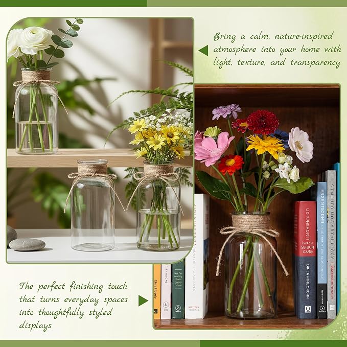 Mason Jar Glass Vases 6 Pack, Clear Flower Vase for Centerpieces | Rustic Farmhouse Home Decor, Bud Vase with Twine, Wedding Table Decoration, Boho Floral Arrangement, Vintage Jars Bulk