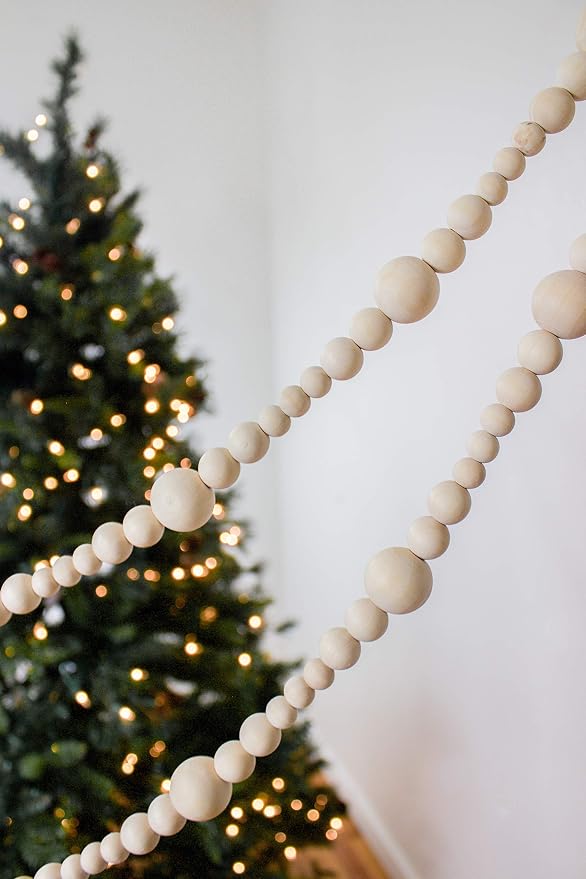 7ft Wood Bead Garland Farmhouse Home Decor Rustic Country Natural Holiday Christmas Tree Boho Decorations Mantel Wall Hanging Prayer Beads
