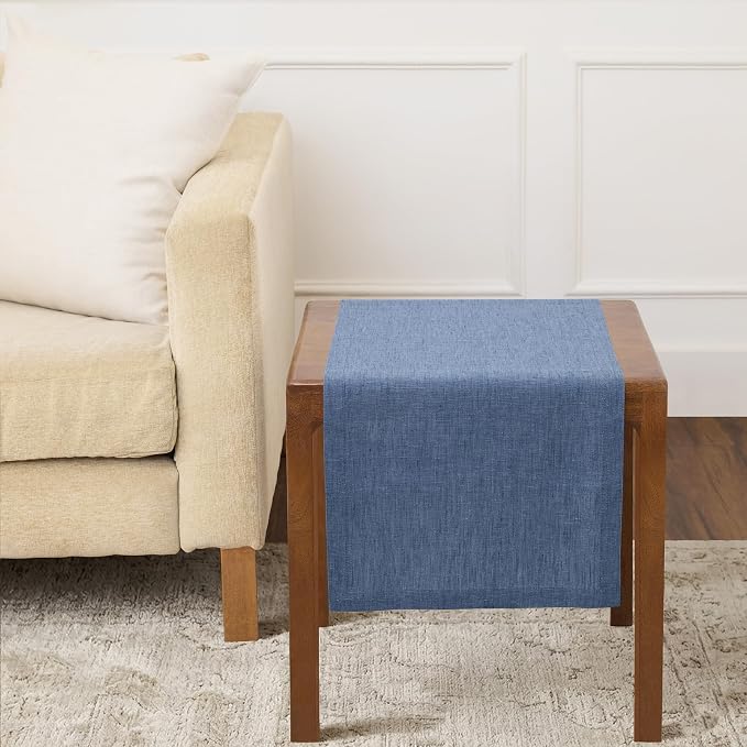 Solino Home 100% Linen Table Runner Blue Denim Woven, Athena 14 x 36 in | brings a tailored look to family meals and hosting, European flax fibres, a refined home accent, soft, OEKO-TEX Certified
