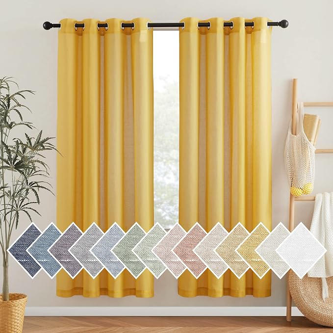 NICETOWN Linen Sheer Curtains 72 inch Length 2 Panels, Grommet Linen Blend Privacy with Light Filtering Gold Window Drapes for Bedroom/Girls Room, Citrine, W52 x L72, 2 Panels