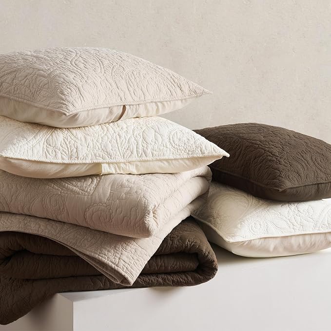 EVERGRACEHOME 100% Cotton Paisley Quilt Set, King Size, Cocoa Brown | Prewashed for Softness, Year-Round Breathability, Gift-Ready Box, Matelasse-style Quilted Coverlet, 3 Piece Set with 2 Shams