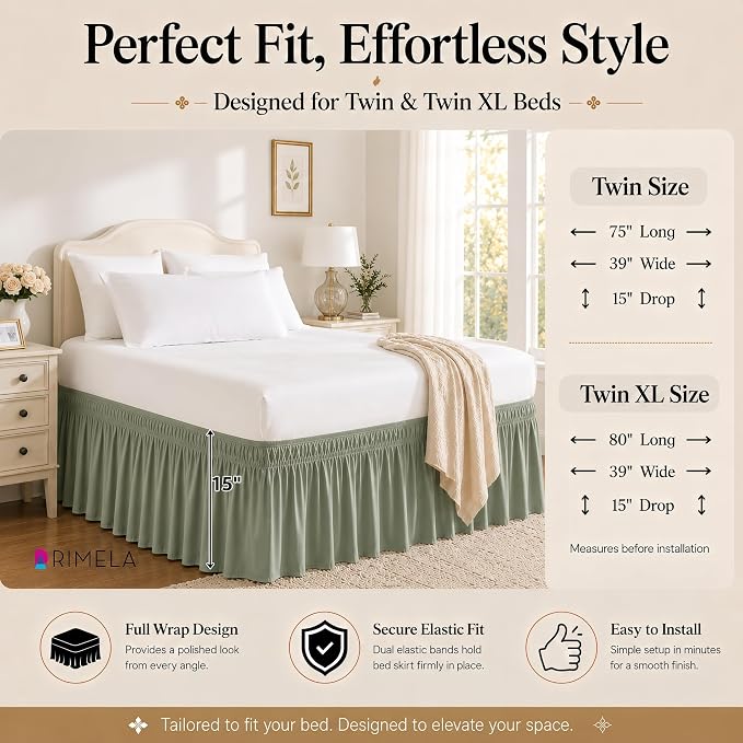Sage Green Bed Skirt Twin Size 15" Drop, Elastic Wrap Around Bedskirt | Solid Ruffled, Easy to Use, No Mattress Lifting, Wrinkle & Fade Resistant, with Adhesive Strips, Machine Wash/Dry/Iron