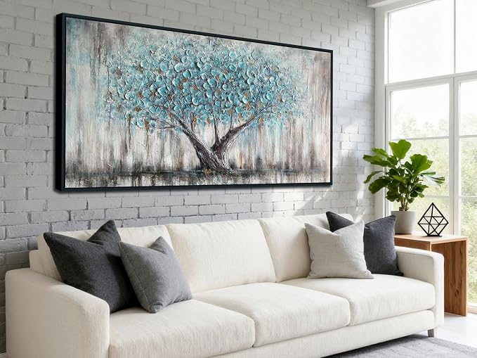 Arjun Framed Blue Tree Canvas Wall Art Large Tree of Life Painting 48"x24" | Living Room Bedroom Teal Hand Painted Textured Painting, Nature Picture Panoramic Landscape Artwork Home Office Wall Decor
